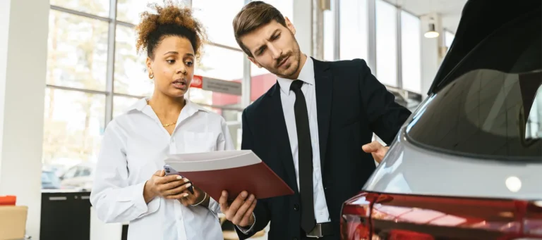 Hobre de la compañía aseguradora inspecciona auto junto a la propietaria